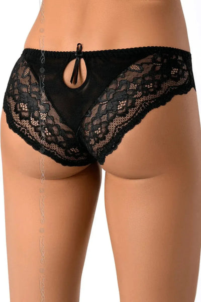 Zaina black lace bikini briefs with a sensual keyhole back and delicate bow.