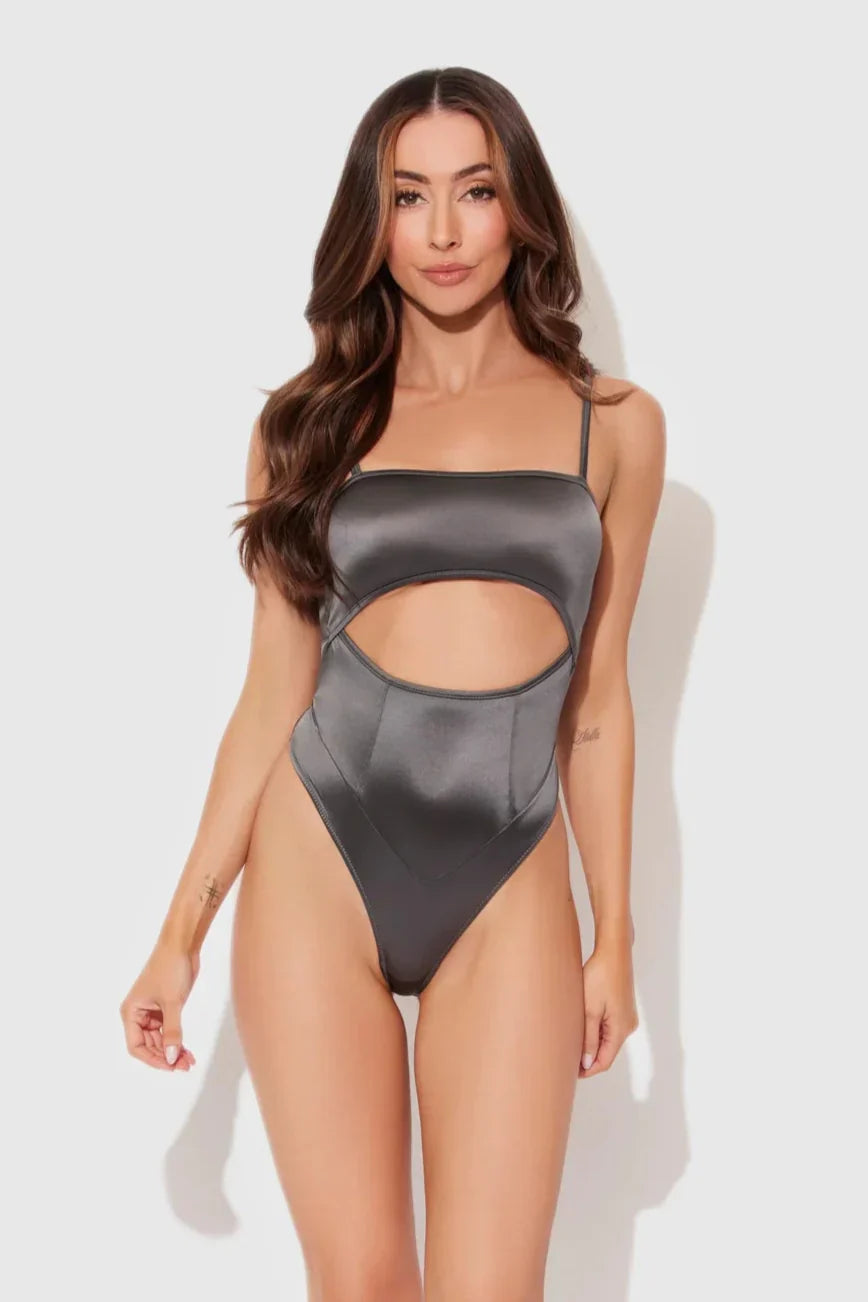 House of Desire Zoe High Shine Cutout Scoop Back Bodysuit Graphite Gray