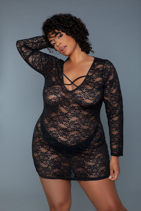 BeWicked Plus Size Queen Lynn Chemise Long Sleeve Red Lace