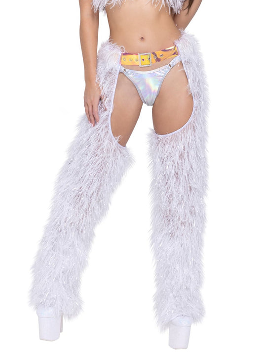 Roma Festival Rave Faux-Fur Chaps with Belt White