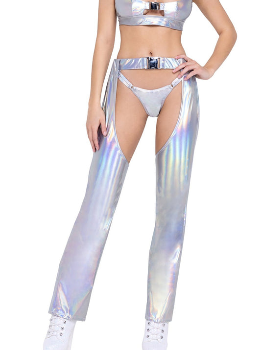 Roma Festival Rave Hologram Chaps with Belt Silver