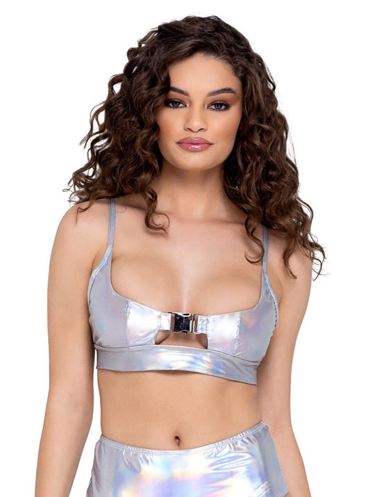 Roma Festival Rave Hologram Crop Top with Buckle Closer Silver