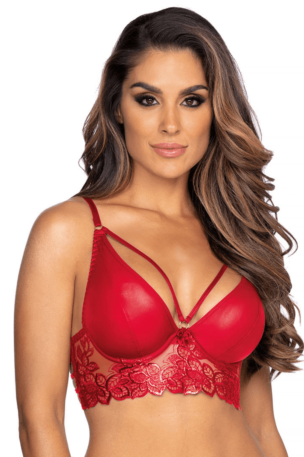 Axami 10071 Corset Bra Wet Look Red Underwire Long Line Pretty Sweet Floral Lace