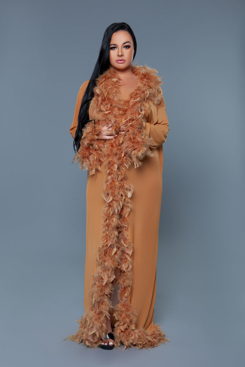 BeWicked Glamour Robe Bronze Feather Trim Long Length Burlesque