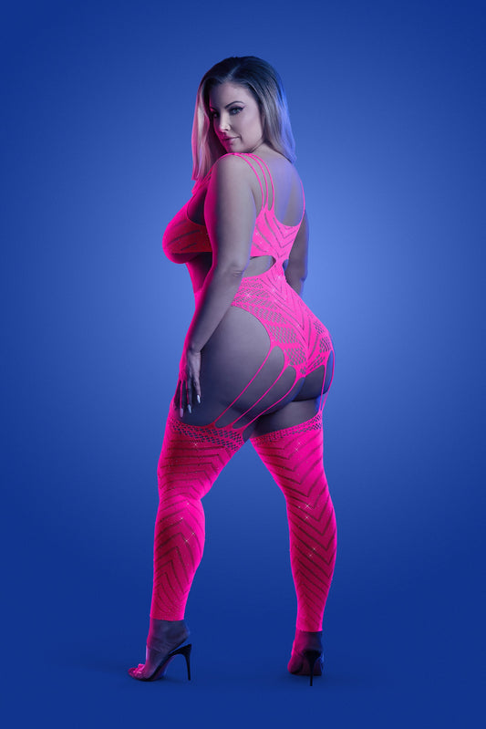 Fantasy Lingerie Glow Queen Wavelength Cutout Rhinestone Teddy Bodystocking Neon