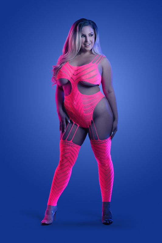 Fantasy Lingerie Glow Queen Wavelength Cutout Rhinestone Teddy Bodystocking Neon Pink
