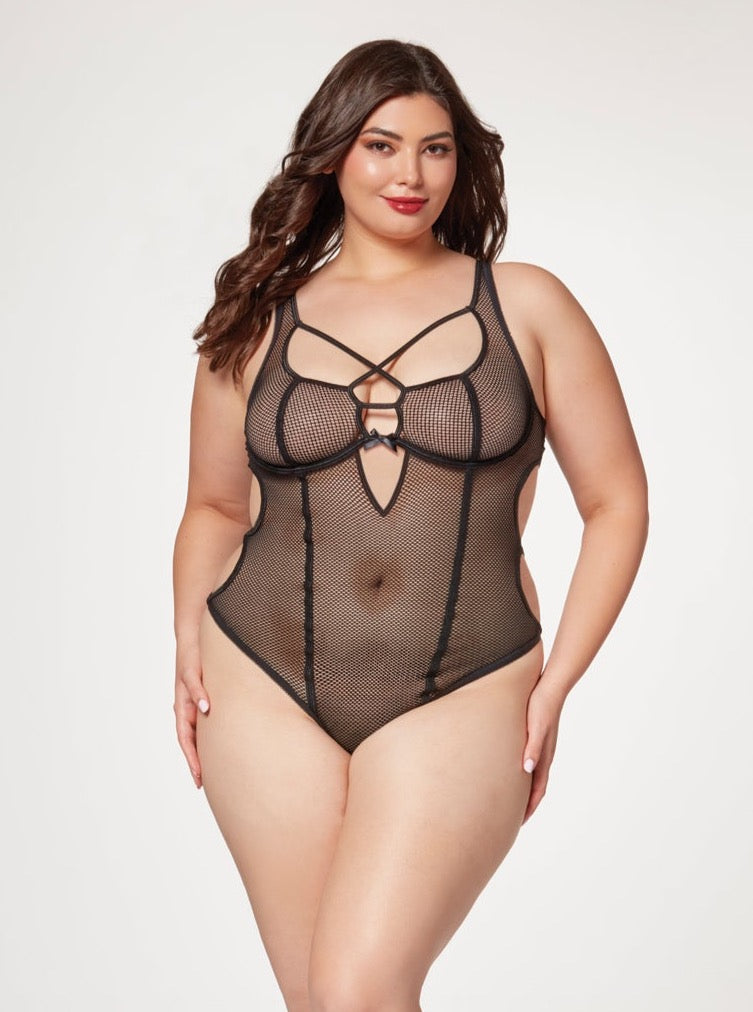 Seven ’til Midnight Queen Fishnet Strappy High Cut Leg Teddy Black