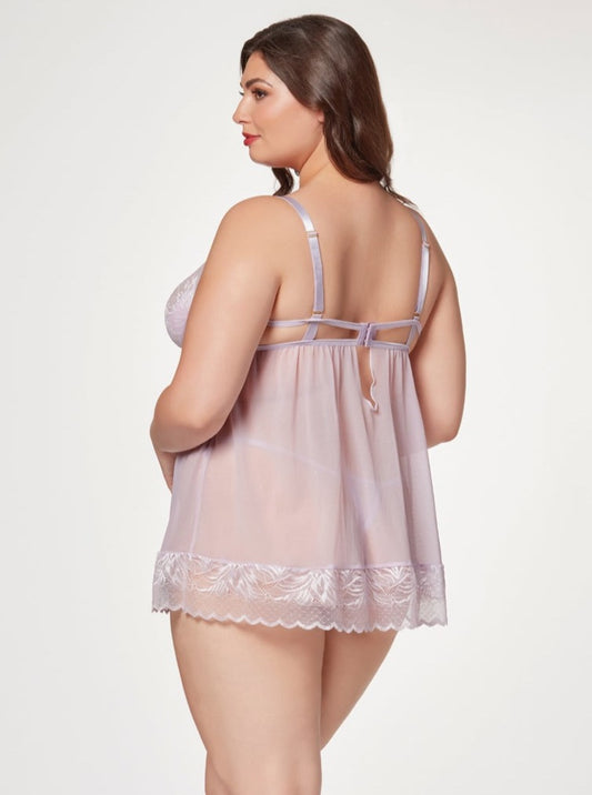 Seven 'til Midnight Plus Queen Sheer Mesh & Lace Demi Cup Babydoll Lavender
