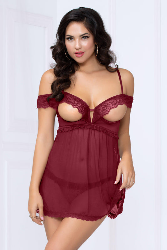 Seven 'til Midnight Wine Lace Mesh Open Cups Babydoll Set Sexy Lingerie