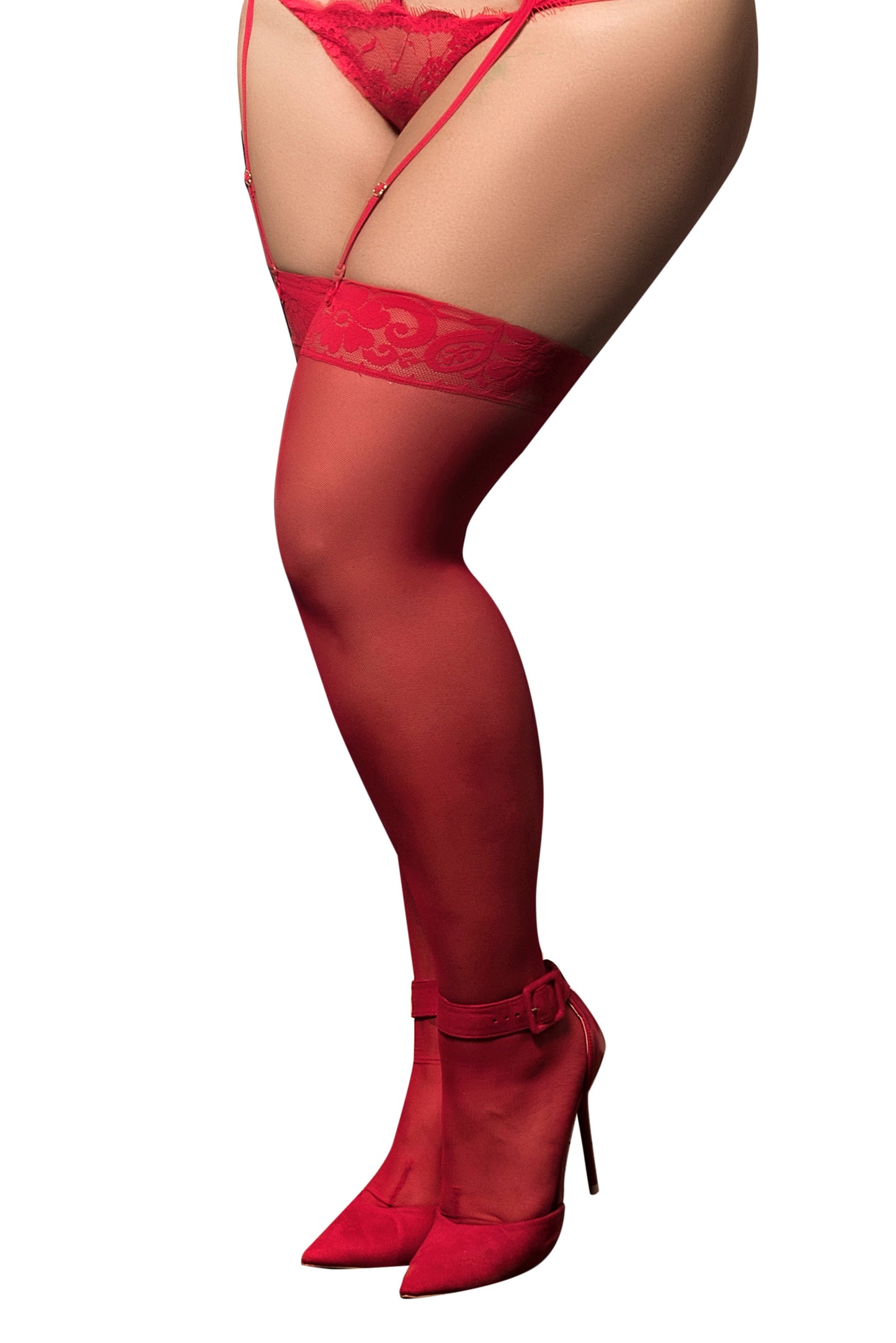 Mapale One Size Plus Mesh Thigh Highs Stockings Lace Top Black Red White