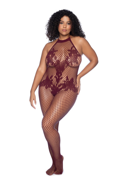 Mapale Queen Halter Crotchless Floral Bodystocking Cherry Red