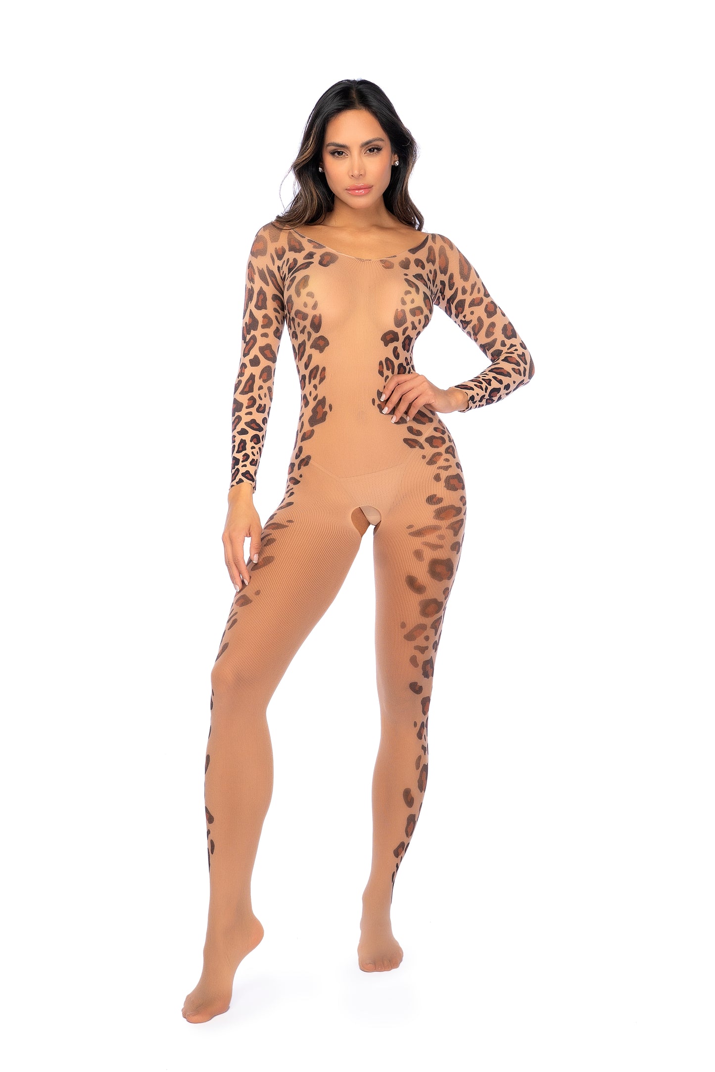 Mapale Long Print Sleeve Leopard Mesh Bodystocking