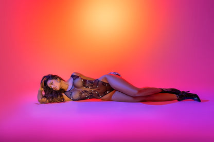 Mapale Snake Fishnet Rhinestone Bodysuit Black