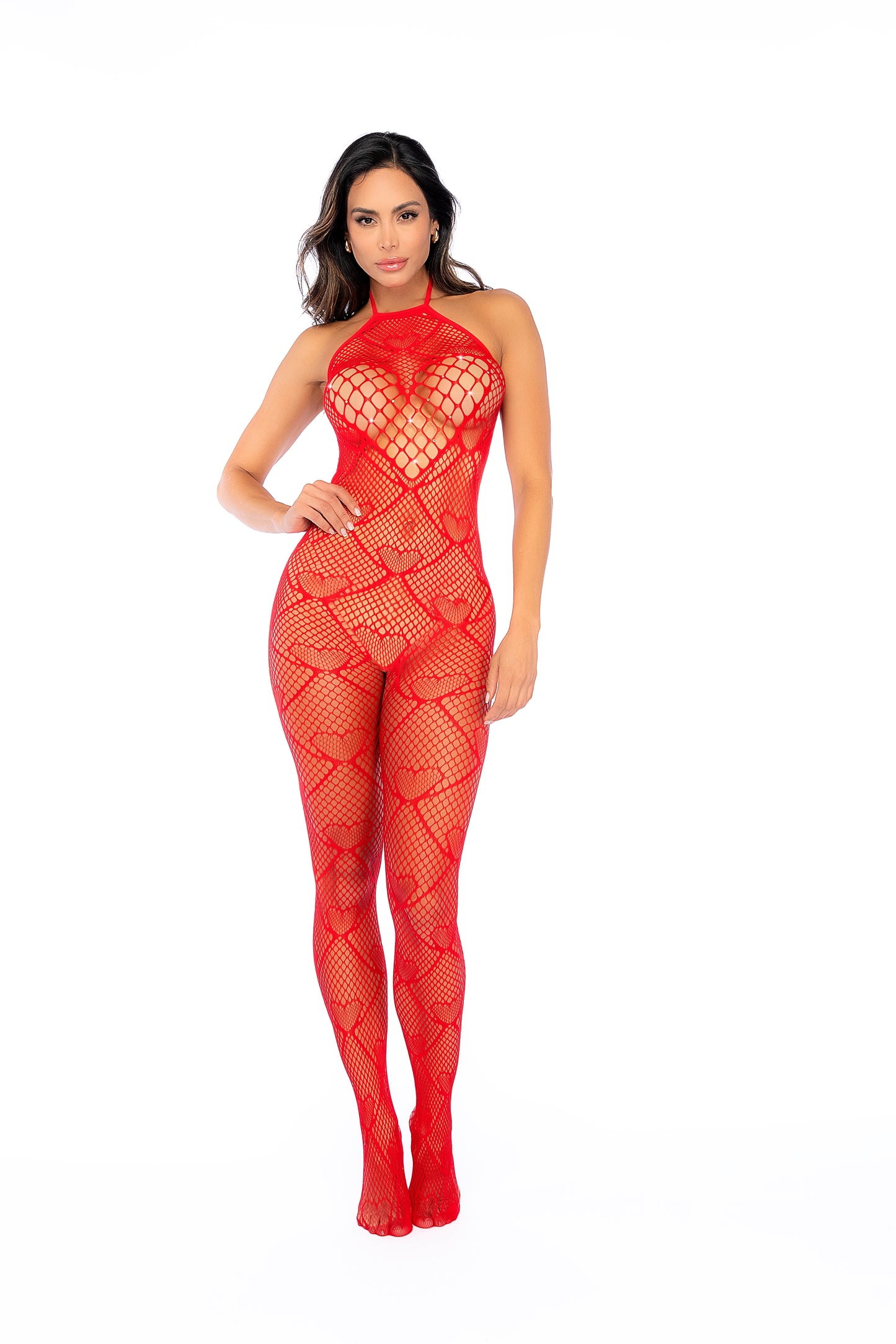 Mapale Heart Fishnet Bodystocking with Rhinestone Detail Red