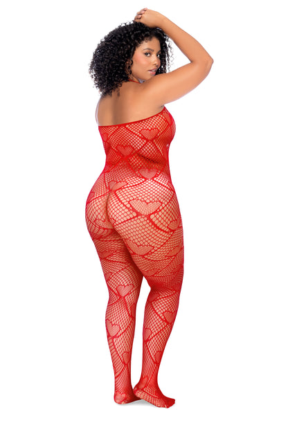 Mapale Heart Fishnet Bodystocking with Rhinestone Detail Red Queen