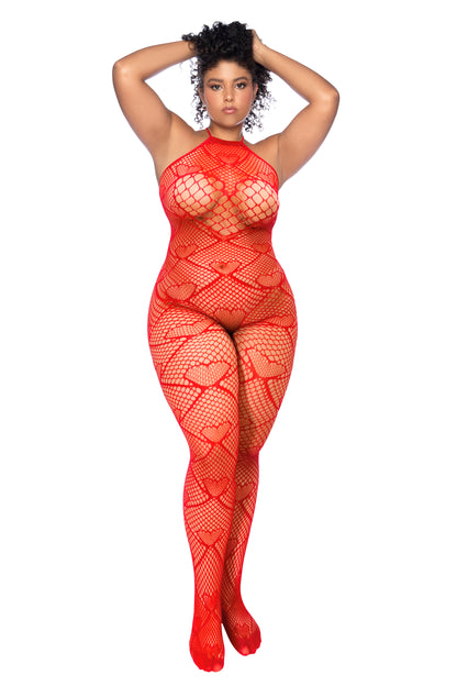 Mapale Heart Fishnet Bodystocking with Rhinestone Detail Red Queen