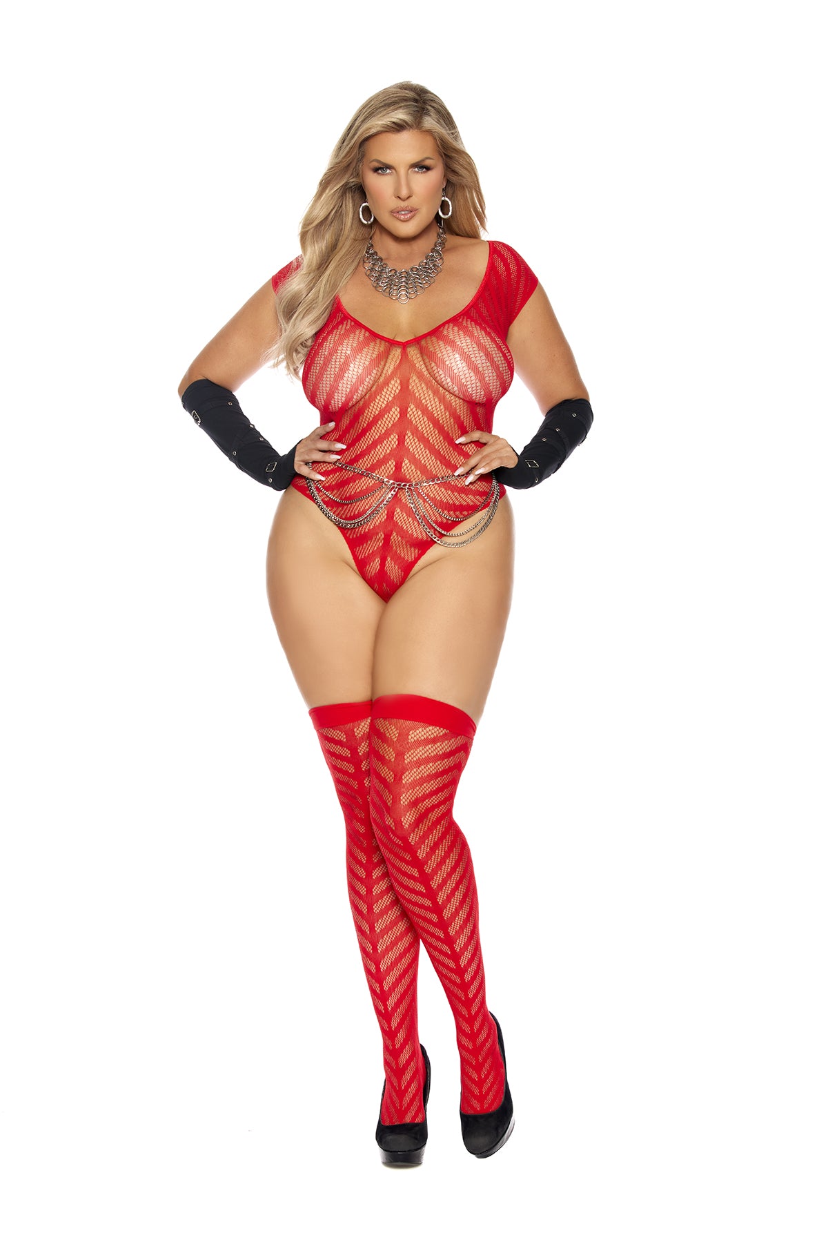 Elegant Moments Plus Size Chevron Striped Crochet Teddy w/ Stockings Red