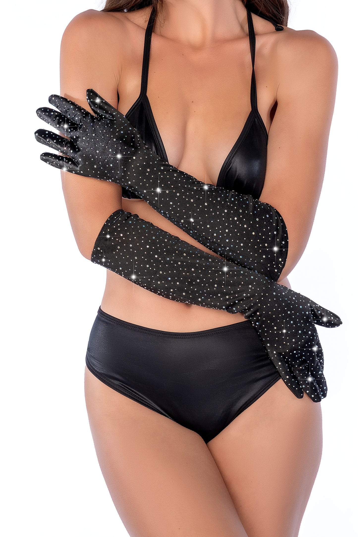 Mapale Satin Rhinestone Opera Gloves Black