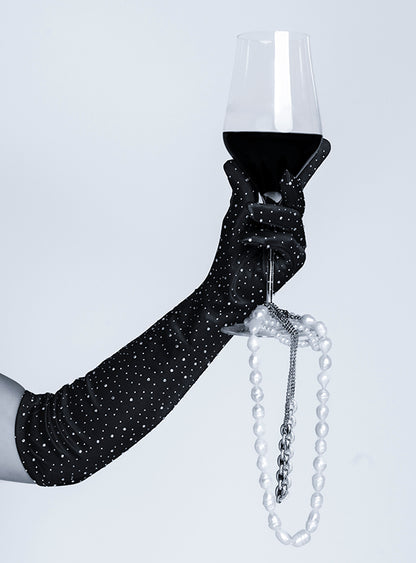 Mapale Satin Rhinestone Opera Gloves Black