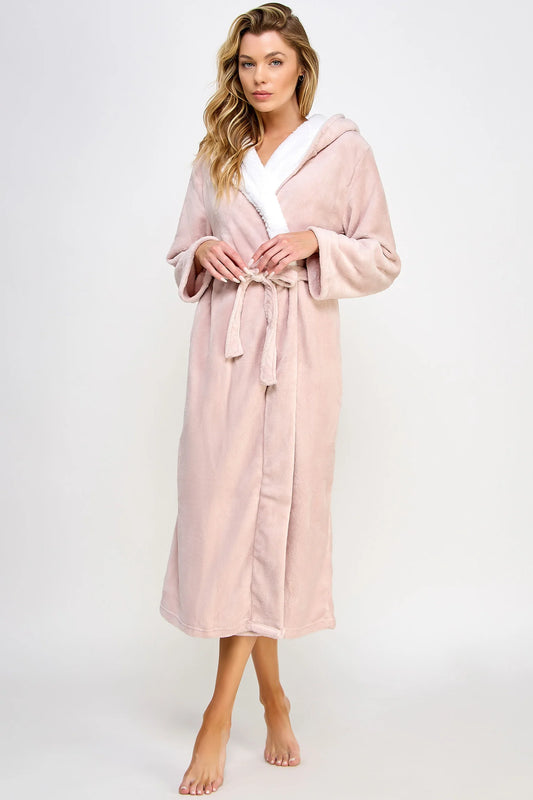 BeWicked Janet Long Robe Plush Fleece Sherpa Lining Hooded Pink