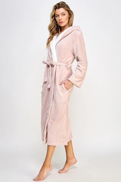 BeWicked Janet Long Robe Plush Fleece Sherpa Lining Hooded Pink