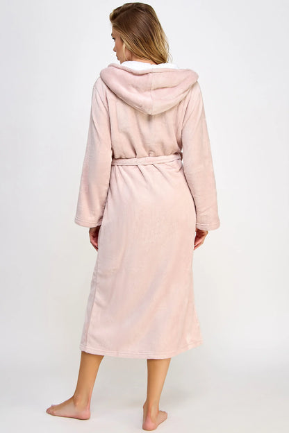 BeWicked Janet Long Robe Plush Fleece Sherpa Lining Hooded Pink