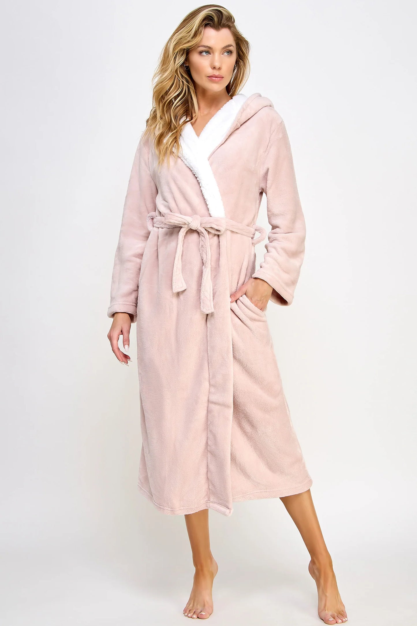 BeWicked Janet Long Robe Plush Fleece Sherpa Lining Hooded Pink