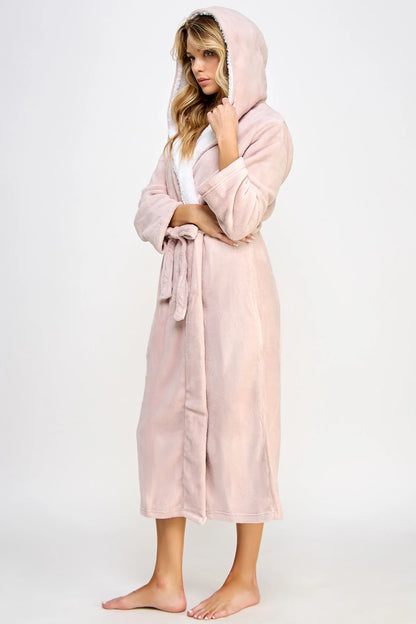 BeWicked Janet Long Robe Plush Fleece Sherpa Lining Hooded Pink