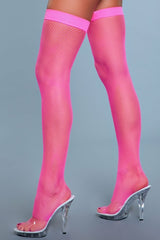 BeWicked Nylon Fishnet Thigh Highs Neon Pink