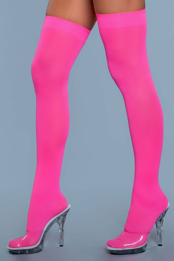 BeWicked Opaque Nylon Thigh Highs Neon Pink