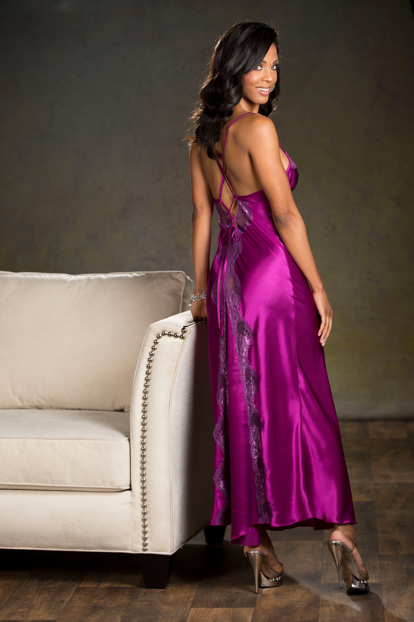 Shirley of Hollywood Luxurious Lace Satin Long Gown Slip Grape