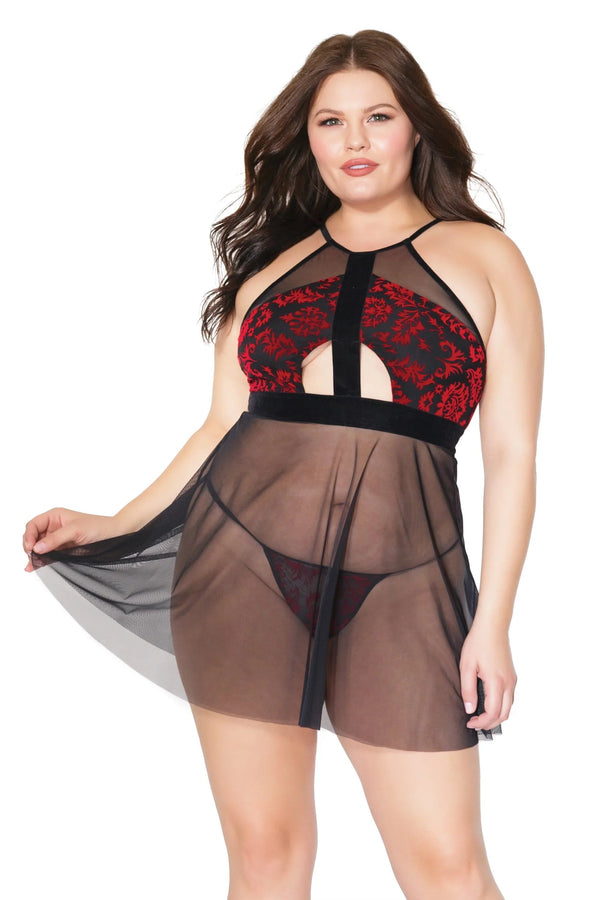 Coquette Queen Yes Queen Babydoll & G-String Halter Red