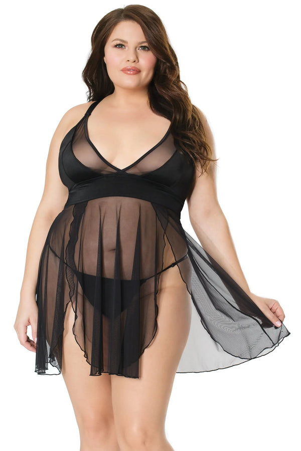 Coquette Queen Peep Show Babydoll & G-String Black