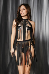 Coquette Fringe Appeal Top & Skirt Set Halter Black