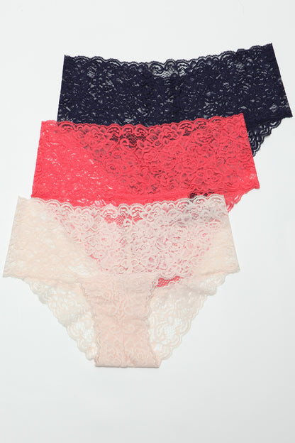 BeWicked Nessa Lace Brief Panties 3 Pack Pink, Coral, Navy