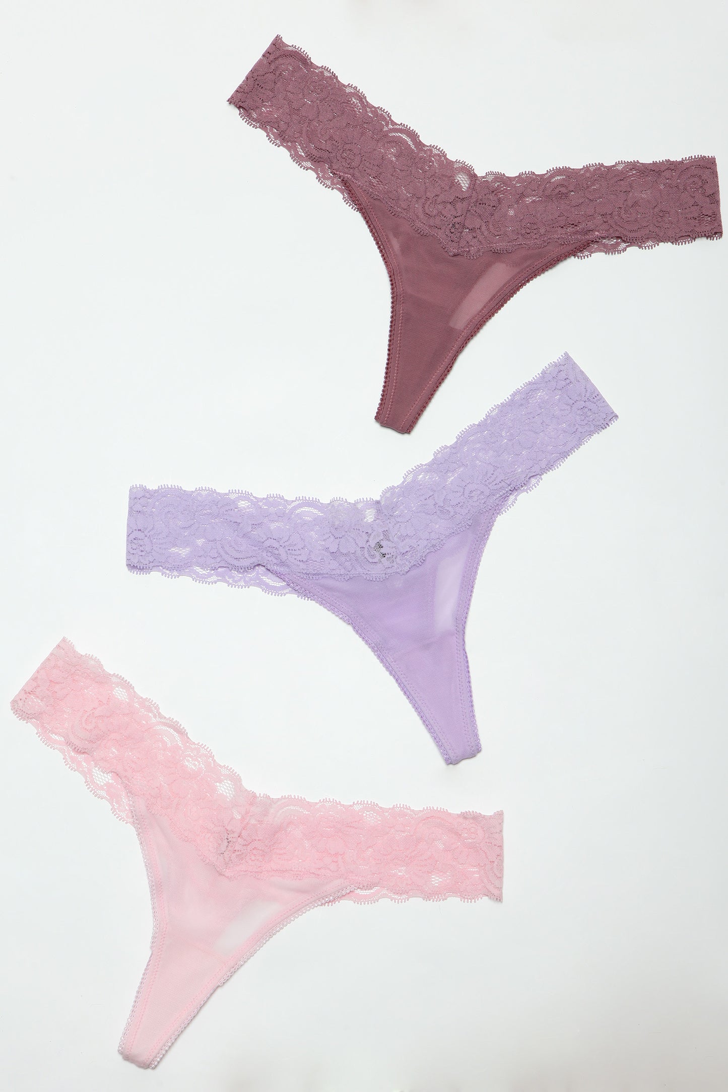 BeWicked Mila Thong Fine Sheer Mesh 3 Pack Pink, Lavender, Rosewood