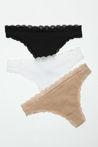 BeWicked Mandy Low Rise Cotton Thong 3 Pack Panties Black White Beige