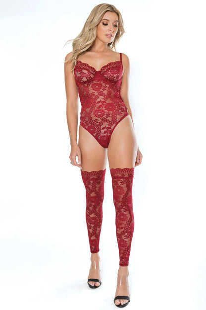 Coquette Scallop Stretch Lace Teddy w/Adjustable Thong Straps Ruby