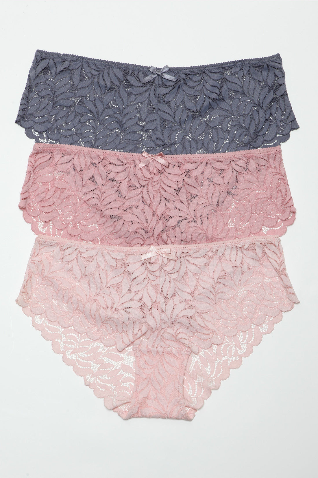 BeWicked Livvy Hipster Mid Rise Lace 3 Pack Panties Pink Peach Gray