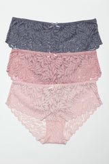 BeWicked Livvy Hipster Mid Rise Lace 3 Pack Panties Pink Peach Gray