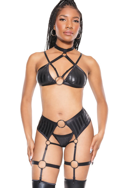 Coquette Darque Wet Look Striped Strappy Harness Bra & Crotchless Garter Panty