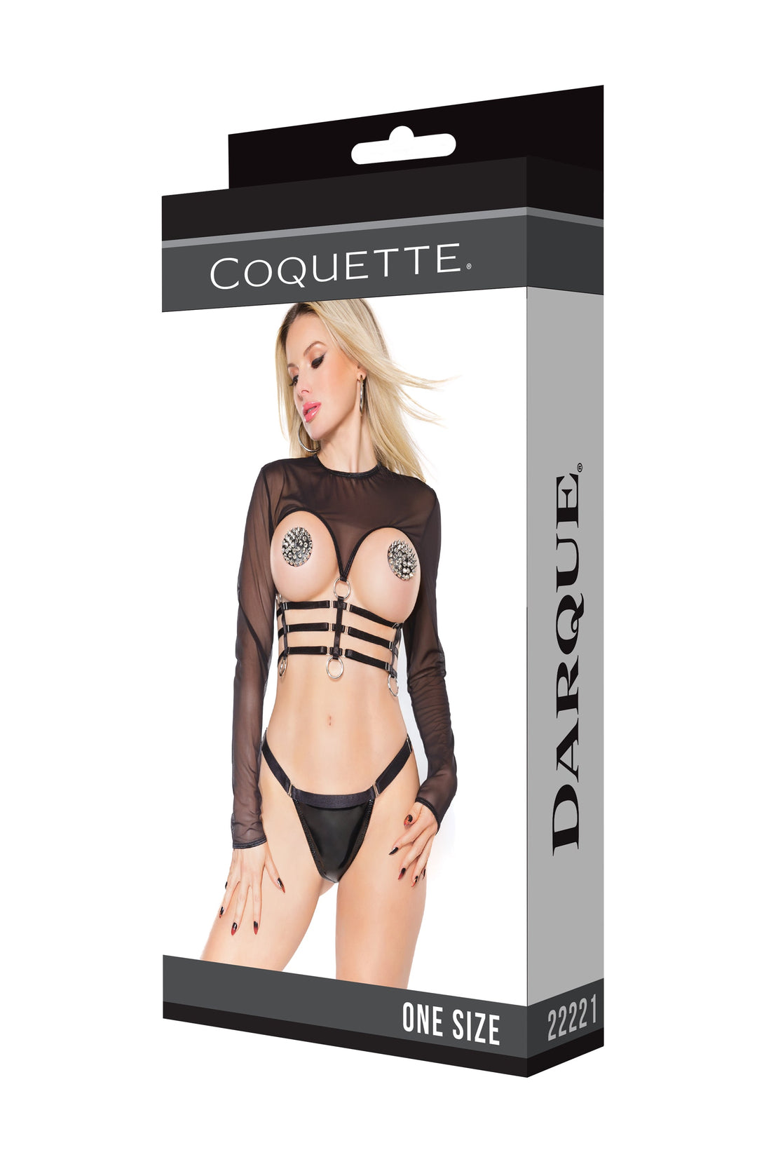 Coquette Darque Stretch Mesh Long Sleeve Open Bust Crop Top Black