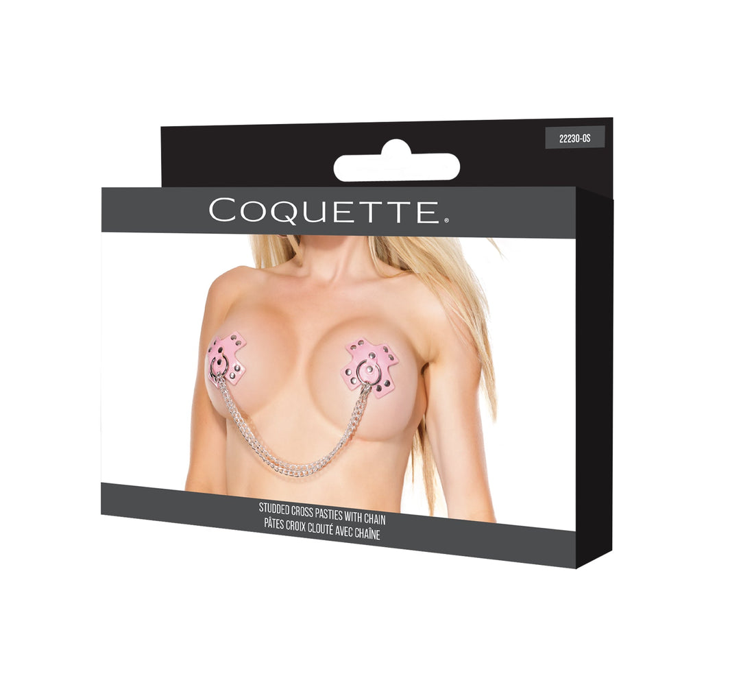 Coquette Darque Studded Cross Reusable Pasties w/Chain - Pink