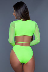 BeWicked Daisy One Piece Swimsuit Mesh Long Sleeves Neon Yellow
