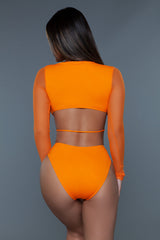 BeWicked Daisy One Piece Swimsuit Mesh Long Sleeves Orange