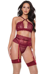 Coquette Gartered Bra Set Floral Stretch Lace Merlot-Rebel Romance