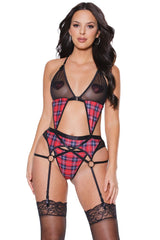 Coquette Queen Need You So Plaid Bralette, Garter Belt & Thong Set Sheer Red