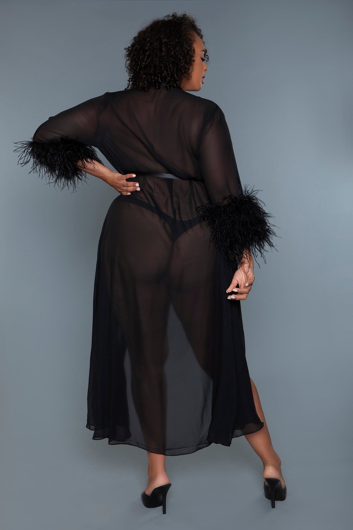 BeWicked Plus Sahar Sheer Full Length Robe With Ostrich Feather Trim Black