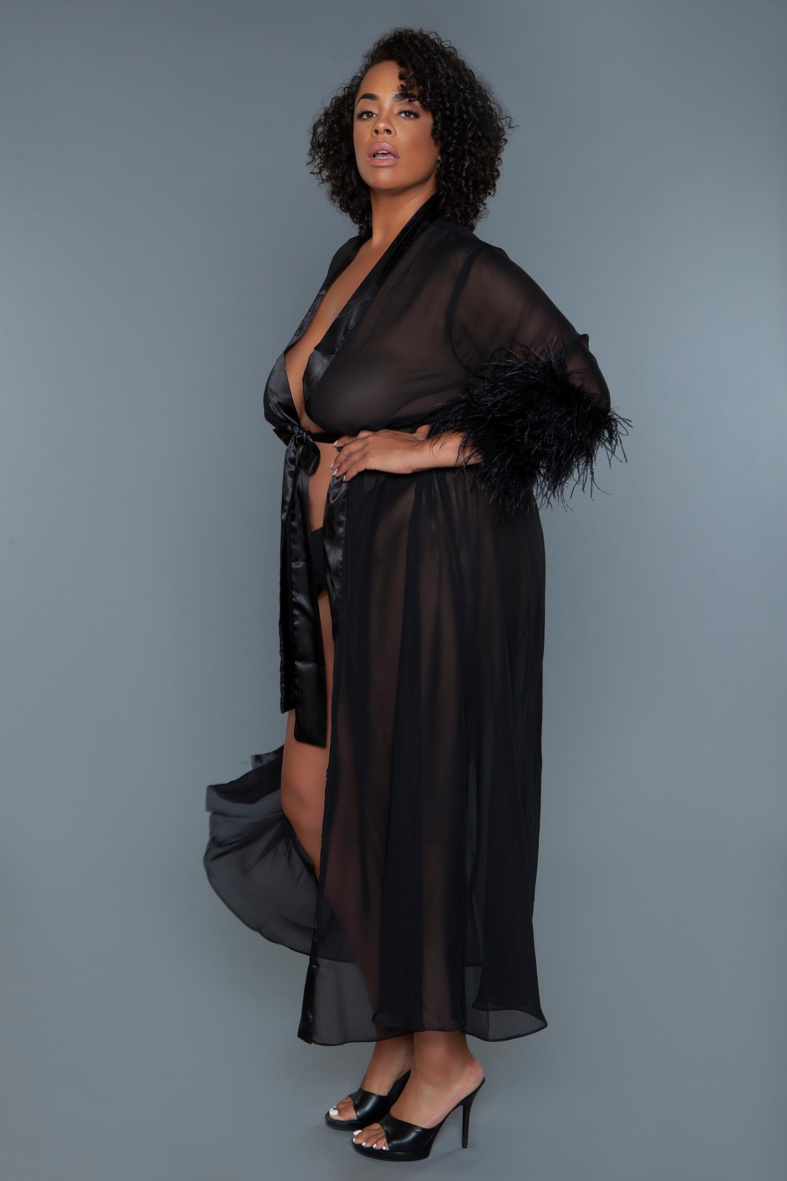 BeWicked Plus Sahar Sheer Full Length Robe With Ostrich Feather Trim Black