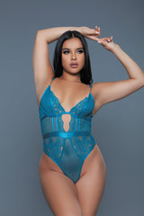 BeWicked Sexy Sheer Lace Camille Bodysuit Chain Details Teal Blue